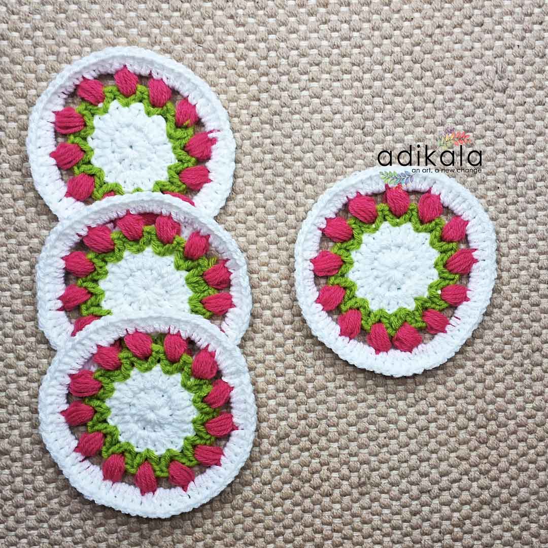 Tulip Floral Design Crochet Coasters set Of 4