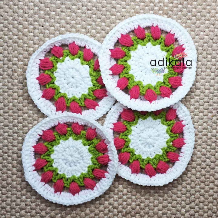 Tulip Floral Design Crochet Coasters set Of 4