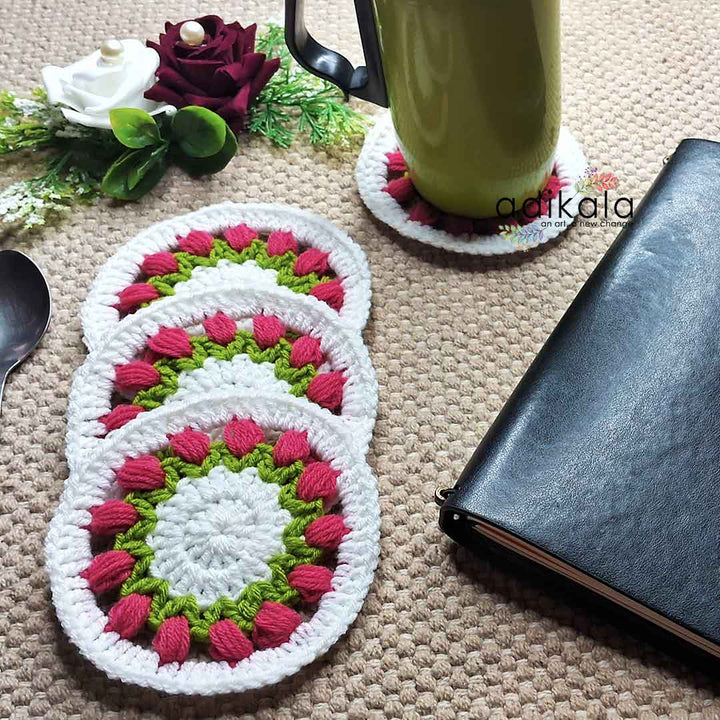 Tulip Floral Design Crochet Coasters set Of 4