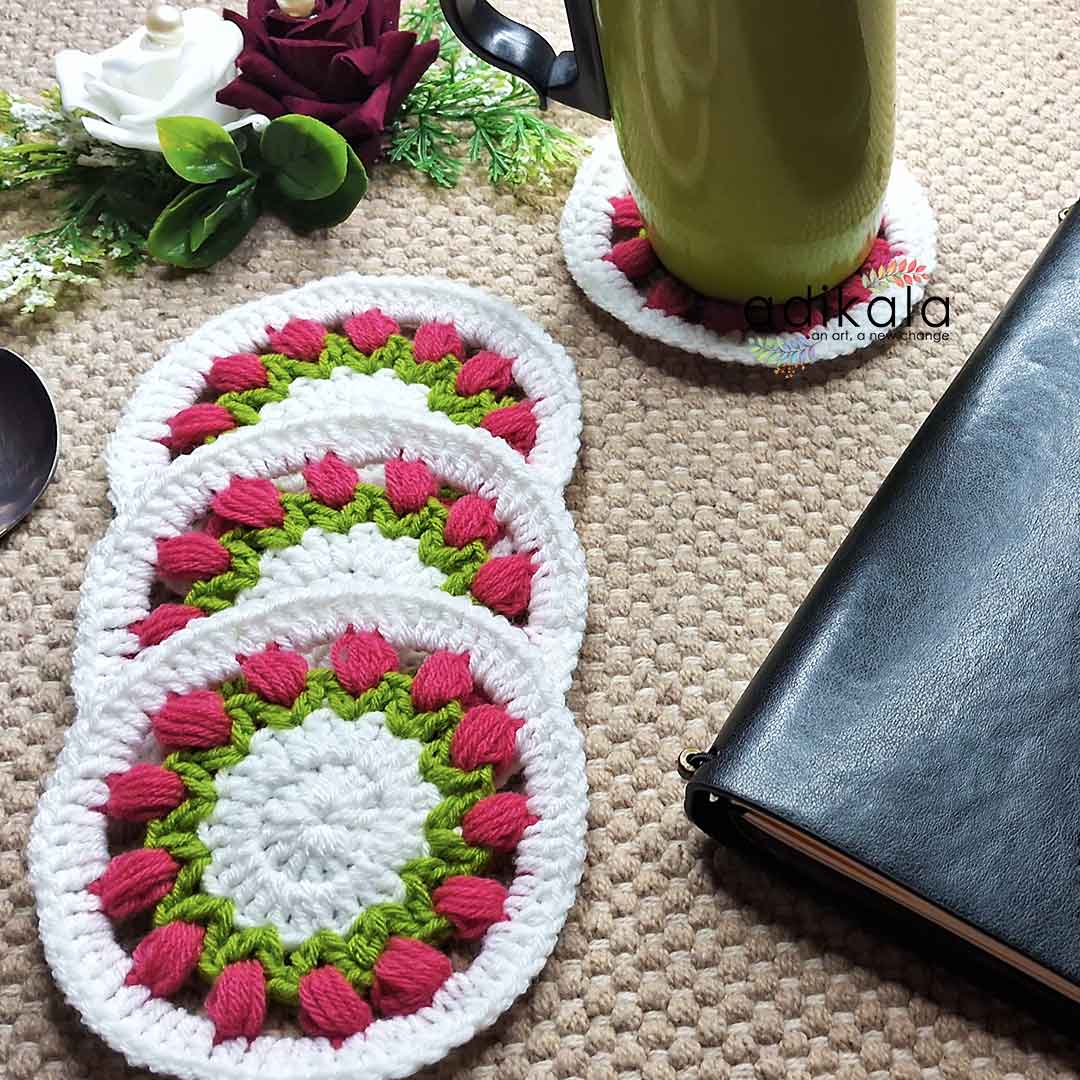 Tulip Floral Design Crochet Coasters set Of 4