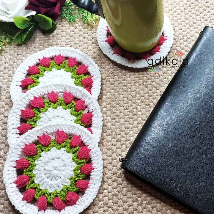 Tulip Floral Design Crochet Coasters set Of 4