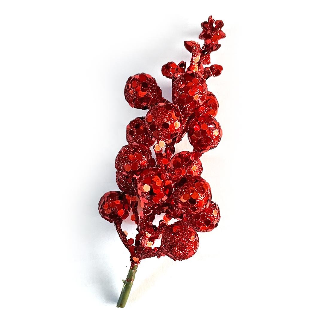 Christmas Red Color Glittered Berries Filler Set Of 5