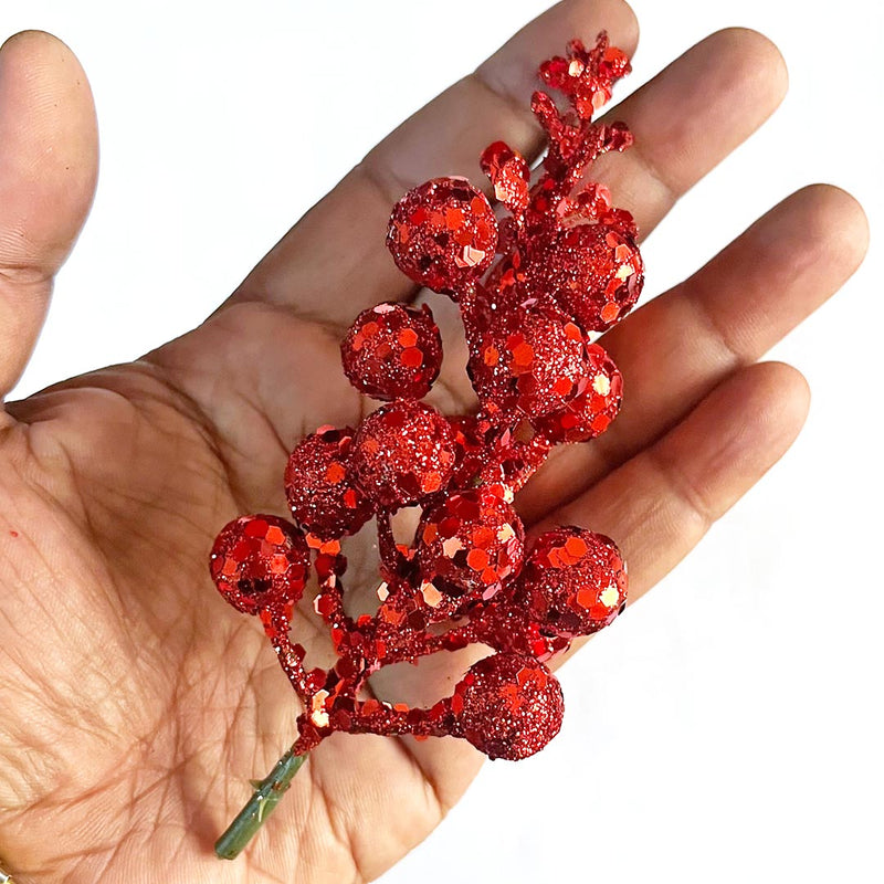 Christmas Red Color Glittered Berries Filler Set Of 5