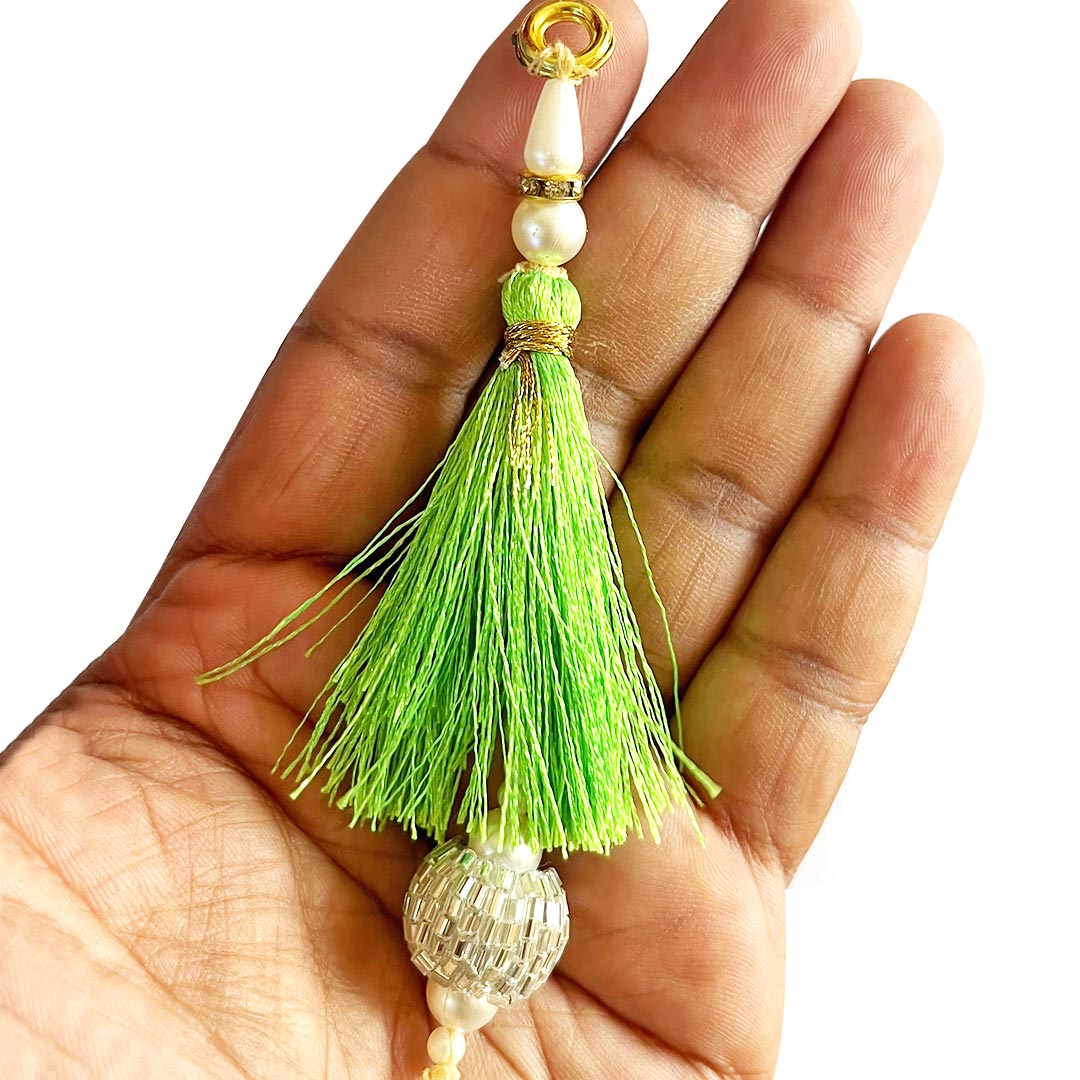 Parrot Green Color Thread Cutdana Tassels With Beads Set Of 2