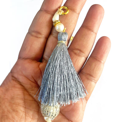 Silver Cutdana Beads Silk Hanging Tassels for Saree Pallu, Suitable for Ethenic Wear, DIY Art & Craft & Decoration Set of 10