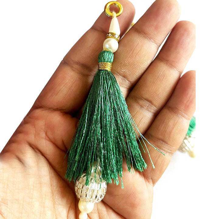 Silver Cutdana Beads Silk Hanging Tassels for Saree Pallu, Suitable for Ethenic Wear, DIY Art & Craft & Decoration Set of 10