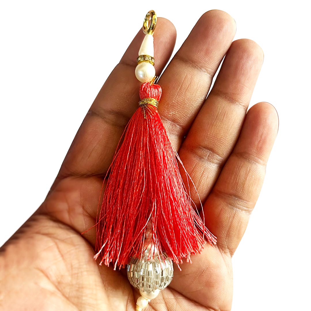 Silver Cutdana Beads Silk Hanging Tassels for Saree Pallu, Suitable for Ethenic Wear, DIY Art & Craft & Decoration Set of 10