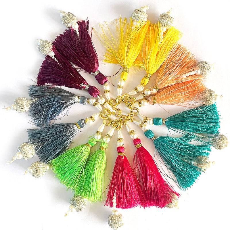 Multi Color Thread Cutdana Tassels With Beads Set Of 12 Design 2