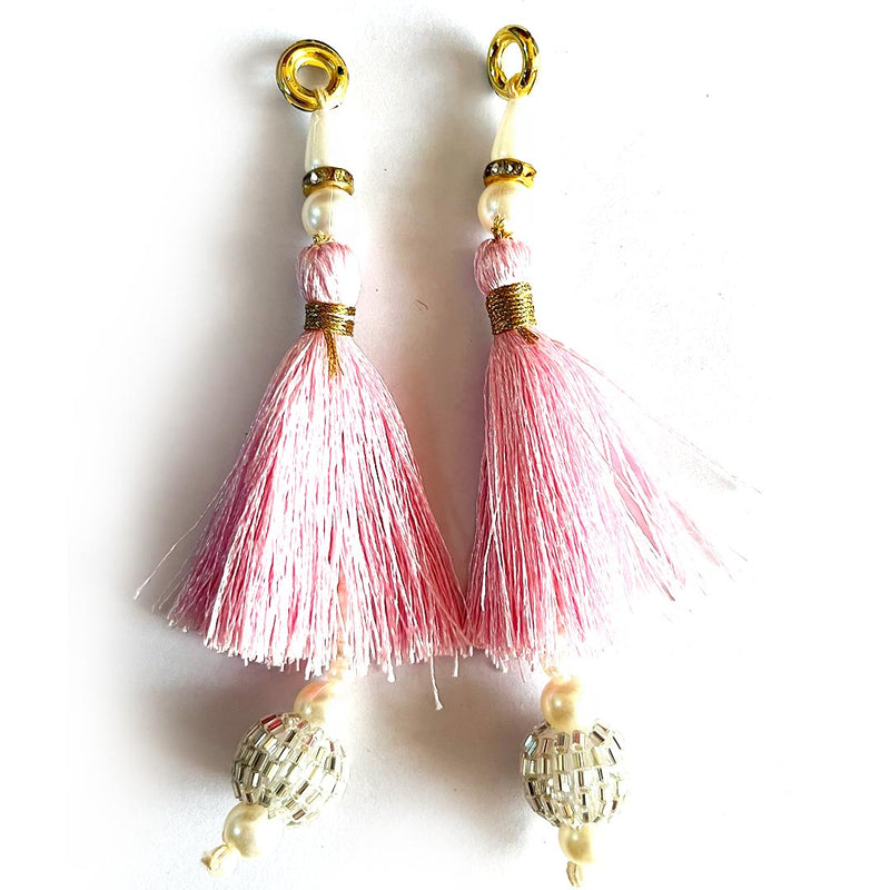 Baby Pink Color Thread Cutdana Tassels With Beads Set Of 2