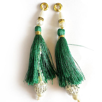 Green Color Thread Cutdana Tassels With Beads Set Of 2