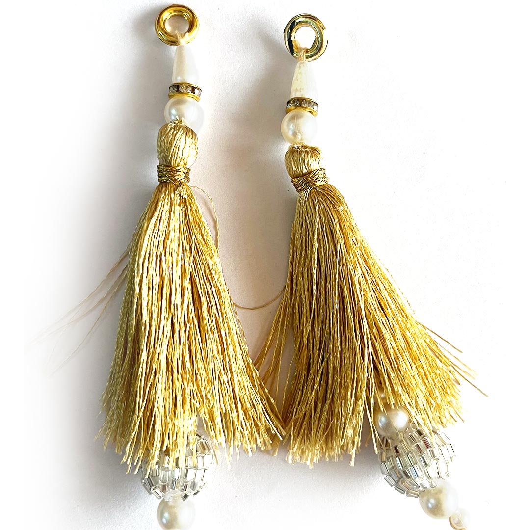 Beige Pink Color Thread Cutdana Tassels With Beads Set Of 2