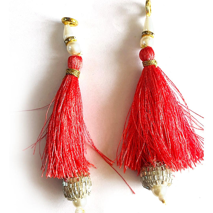 Carrot Color Thread Cutdana Tassels With Beads Set Of 2