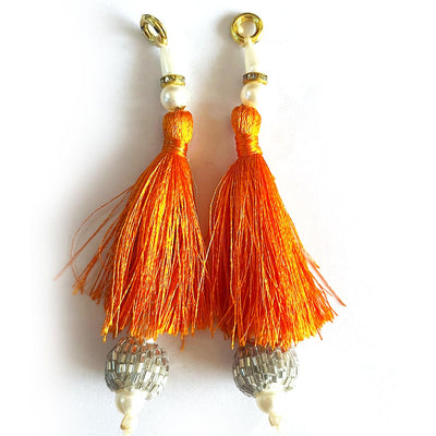 Orange Color Thread Cutdana Tassels With Beads Set Of 2