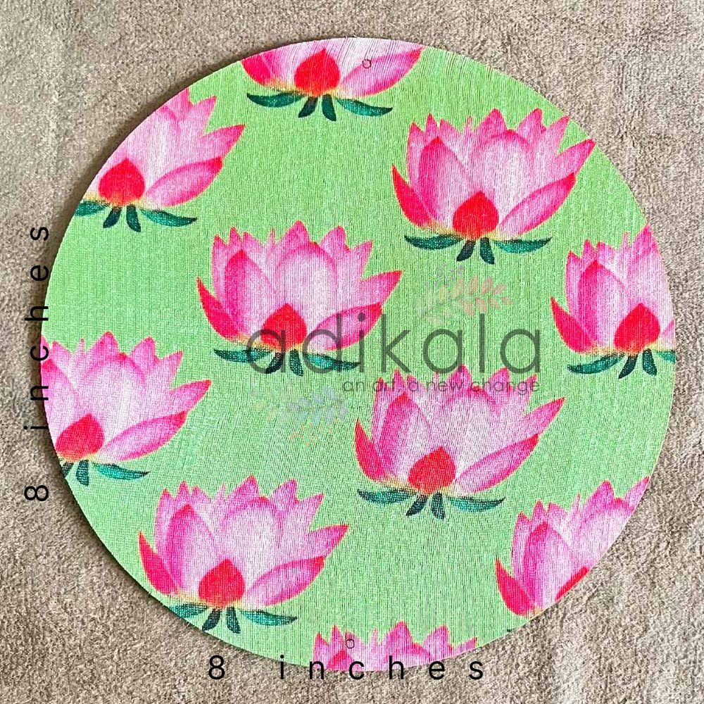 8 Inch Light Green Plates | Printed fabric plates | Pichwai Print fabric Lotus | Lotus Design | Printed fabric Design | all hanging Plates | Set of 6 | Set of 12 | Adikala Craft Store | Adikala