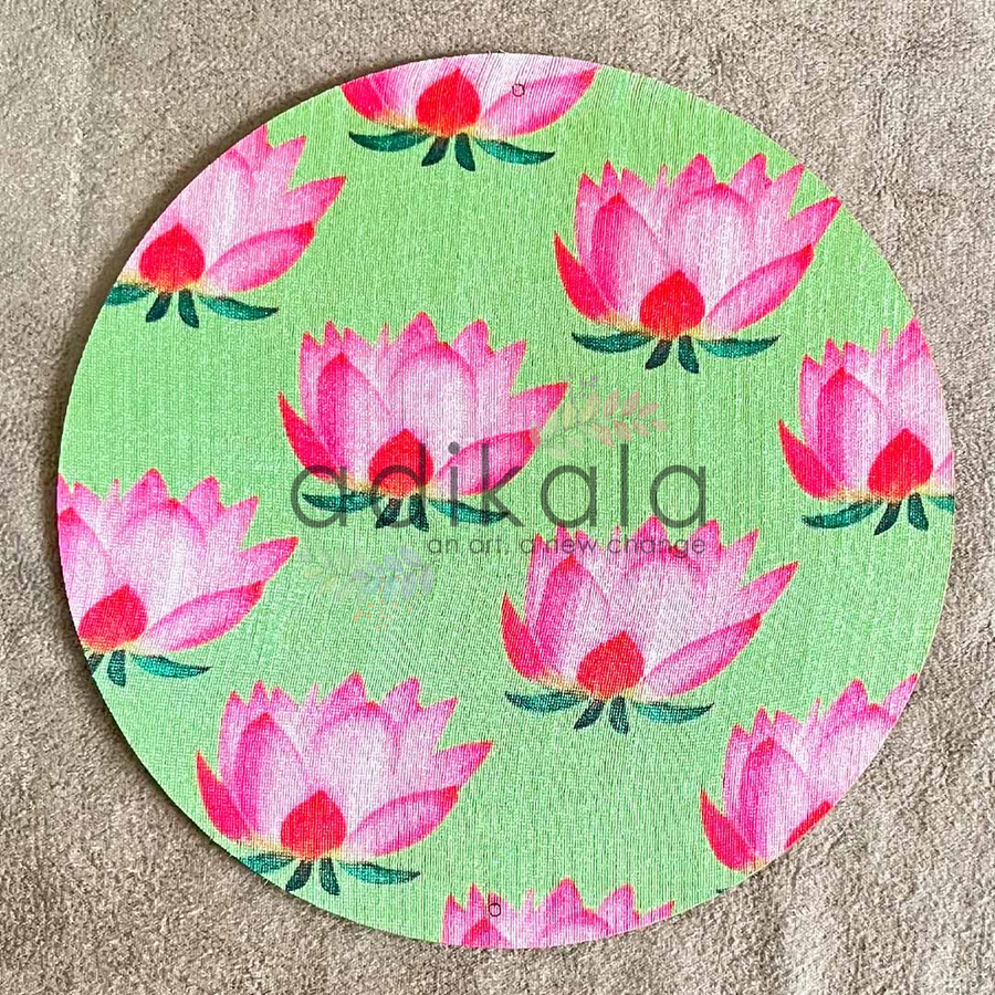 8 Inch Light Green Plates | Printed fabric plates | Pichwai Print fabric Lotus | Lotus Design | Printed fabric Design | all hanging Plates | Set of 6 | Set of 12 | Adikala Craft Store | Adikala