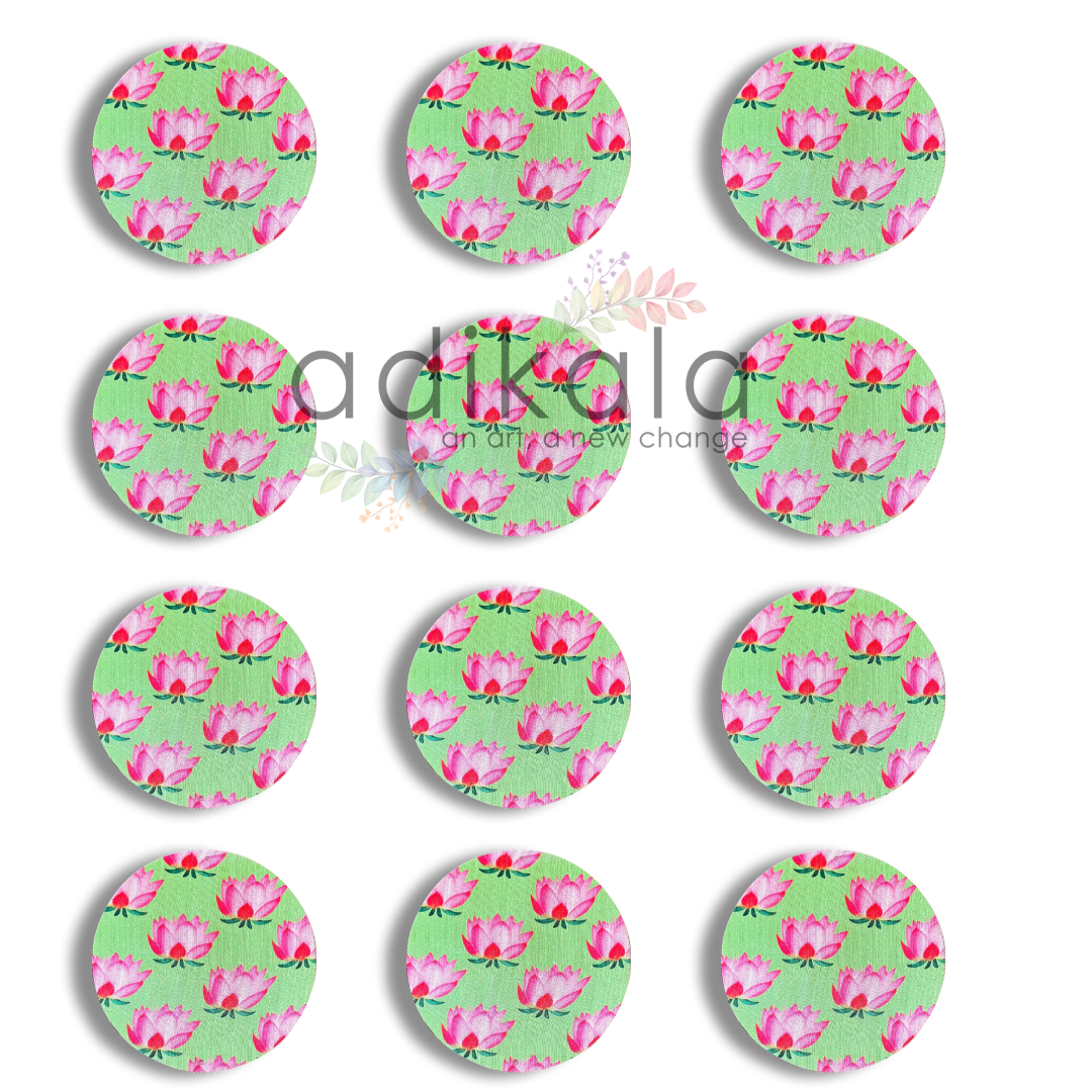 8 Inch Light Green Plates | Printed fabric plates | Pichwai Print fabric Lotus | Lotus Design | Printed fabric Design | all hanging Plates | Set of 6 | Set of 12 | Adikala Craft Store | Adikala