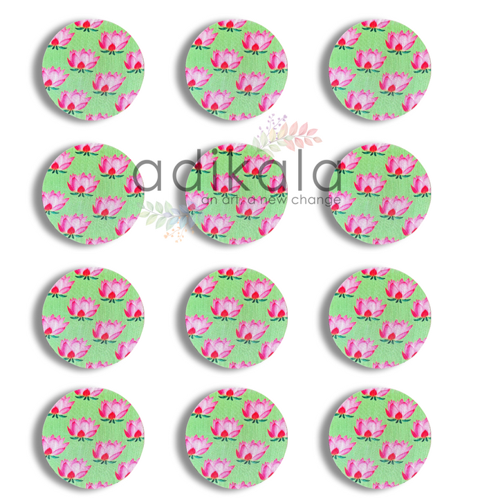 8 Inch Light Green Plates | Printed fabric plates | Pichwai Print fabric Lotus | Lotus Design | Printed fabric Design | all hanging Plates | Set of 6 | Set of 12 | Adikala Craft Store | Adikala