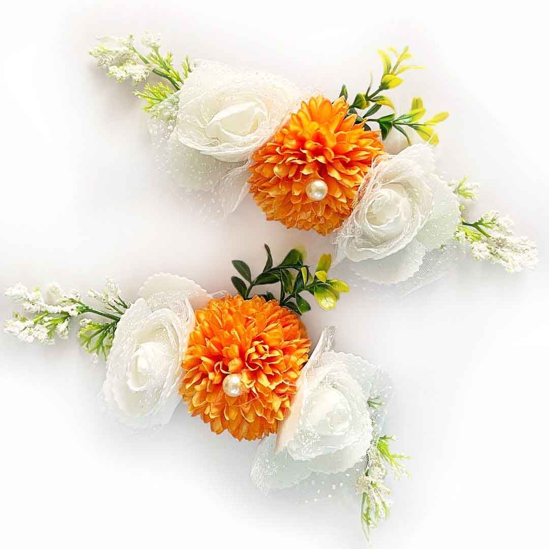 Cream Color Rose & Orange Dahlia Artificial Flower Bunch Set of 2