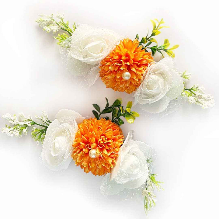 Cream Color Rose & Orange Dahlia Artificial Flower Bunch Set of 2