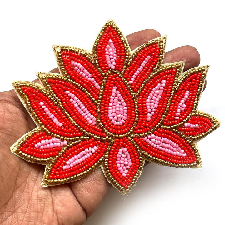 Embroidered Pink & Red Beads lotus design booti pack of 4 for toran tea light decoration & Festive DIY Craft