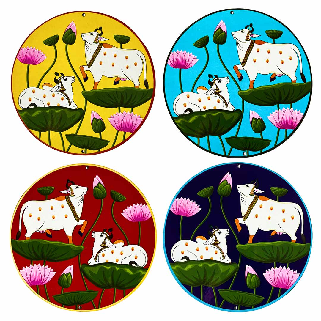 Multicolored Pichwai Cow Pair With Lotus In Round Shape Set Of 4 Cutout for Diwali | Dussehra | Rangoli | Pooja | Festival Gift