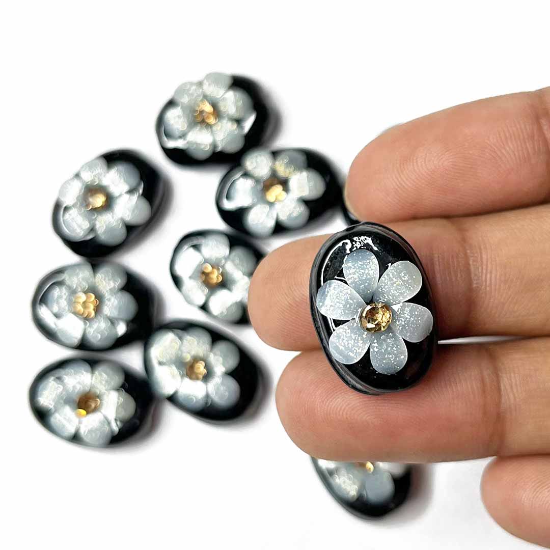 Black Color Button | Jarkan | Oval Shape Button | Button Set of 10 | White Flower Button | Fancy Buttons | Dress Making button | Round Shape Button | Buttons | Dress making Button | Beautiful Button | Hobby Craft | Adikala craft Store | Adikala India | Adikala