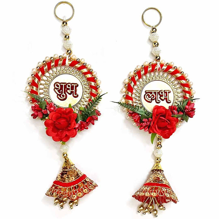 Red Color Floral With Zari Cone & Subh Labh Hanging Pair