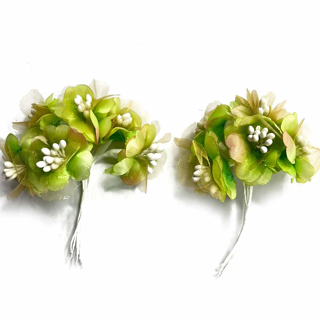 Green Tissue & Satin Flower Bunch 2 Of 12 PCS.