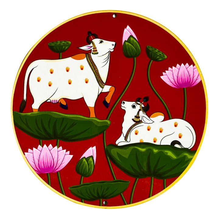 Multicolored Pichwai Cow Pair With Lotus In Round Shape Set Of 4 Cutout for Diwali | Dussehra | Rangoli | Pooja | Festival Gift