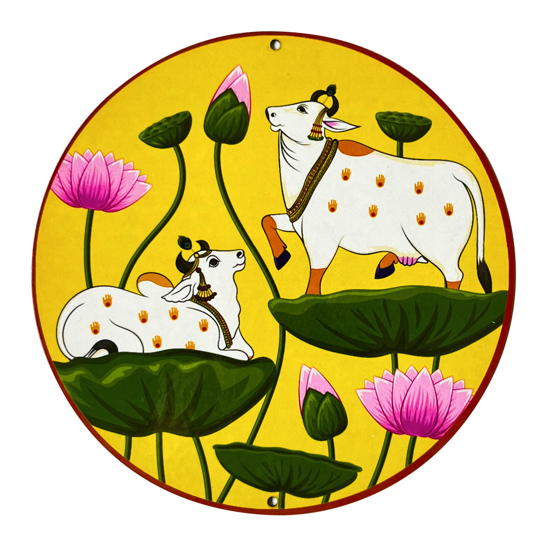 Multicolored Pichwai Cow Pair With Lotus In Round Shape Set Of 4 Cutout for Diwali | Dussehra | Rangoli | Pooja | Festival Gift