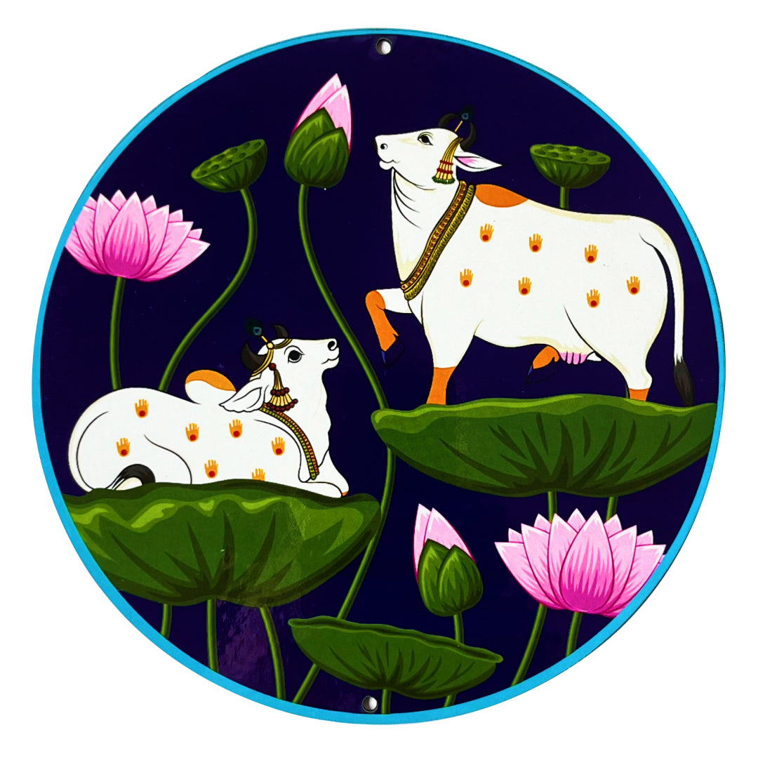 Multicolored Pichwai Cow Pair With Lotus In Round Shape Set Of 4 Cutout for Diwali | Dussehra | Rangoli | Pooja | Festival Gift