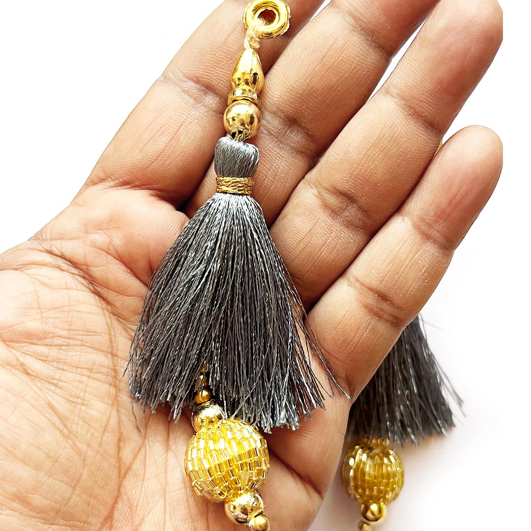 Golden Cutdana Beads Silk Hanging Tassels for Saree Pallu, Suitable for Ethenic Wear, DIY Art & Craft & Decoration Set of 10