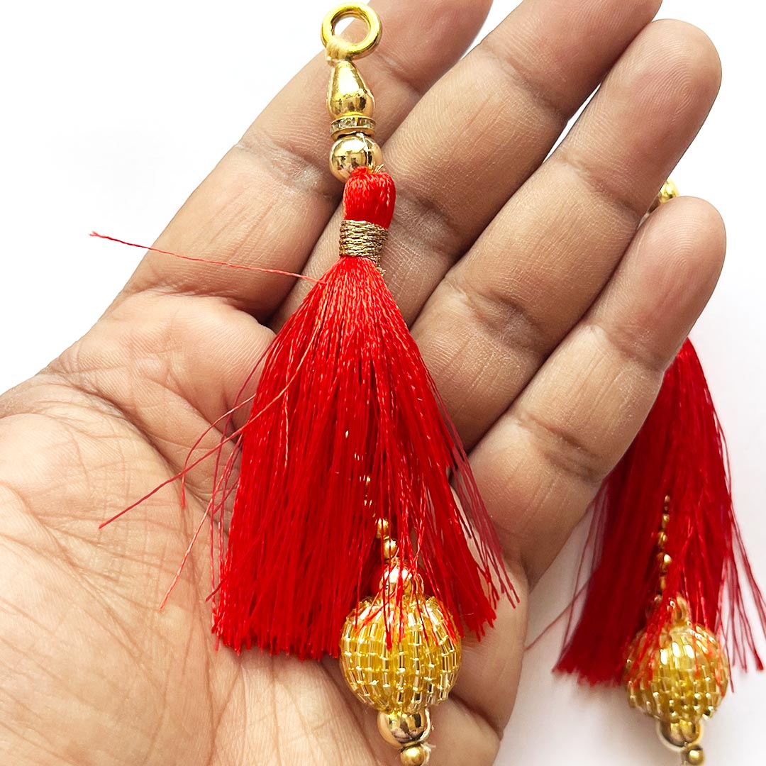 Golden Cutdana Beads Silk Hanging Tassels for Saree Pallu, Suitable for Ethenic Wear, DIY Art & Craft & Decoration Set of 10