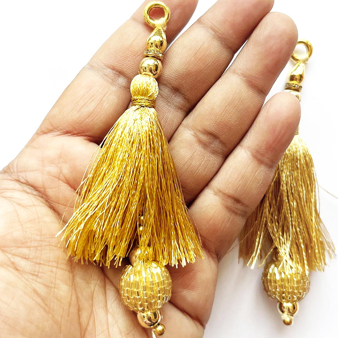 Golden Cutdana Beads Silk Hanging Tassels for Saree Pallu, Suitable for Ethenic Wear, DIY Art & Craft & Decoration Set of 10