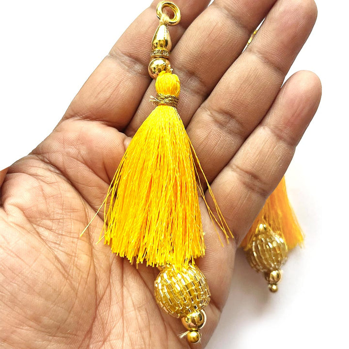 Golden Cutdana Beads Silk Hanging Tassels for Saree Pallu, Suitable for Ethenic Wear, DIY Art & Craft & Decoration Set of 10