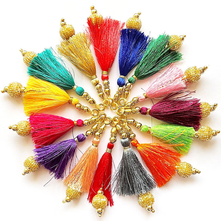 Golden Cutdana Beads Silk Hanging Tassels for Saree Pallu, Suitable for Ethenic Wear, DIY Art & Craft & Decoration Set of 10