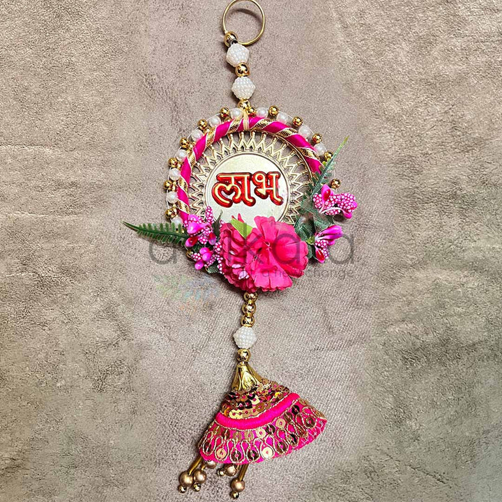 Rani Pink Color Floral With Zari Cone & Subh Labh Hanging Pair