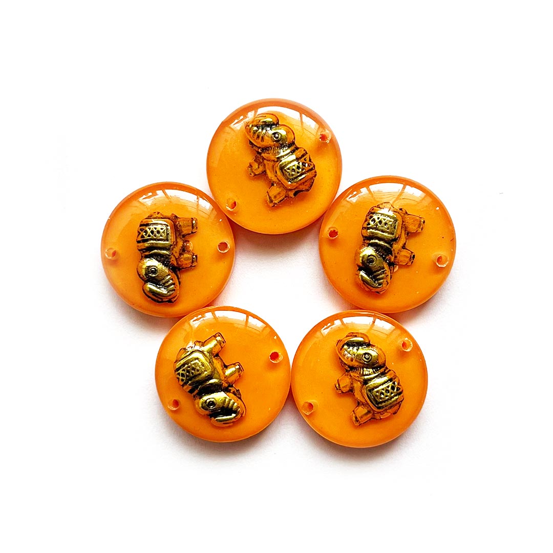 Orange Color Round Shape Acrylic Button With Metal Elephant Set Of 10