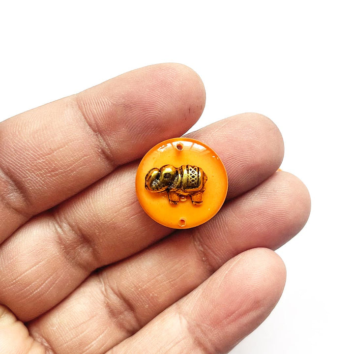 Orange Color Round Shape Acrylic Button With Metal Elephant Set Of 10