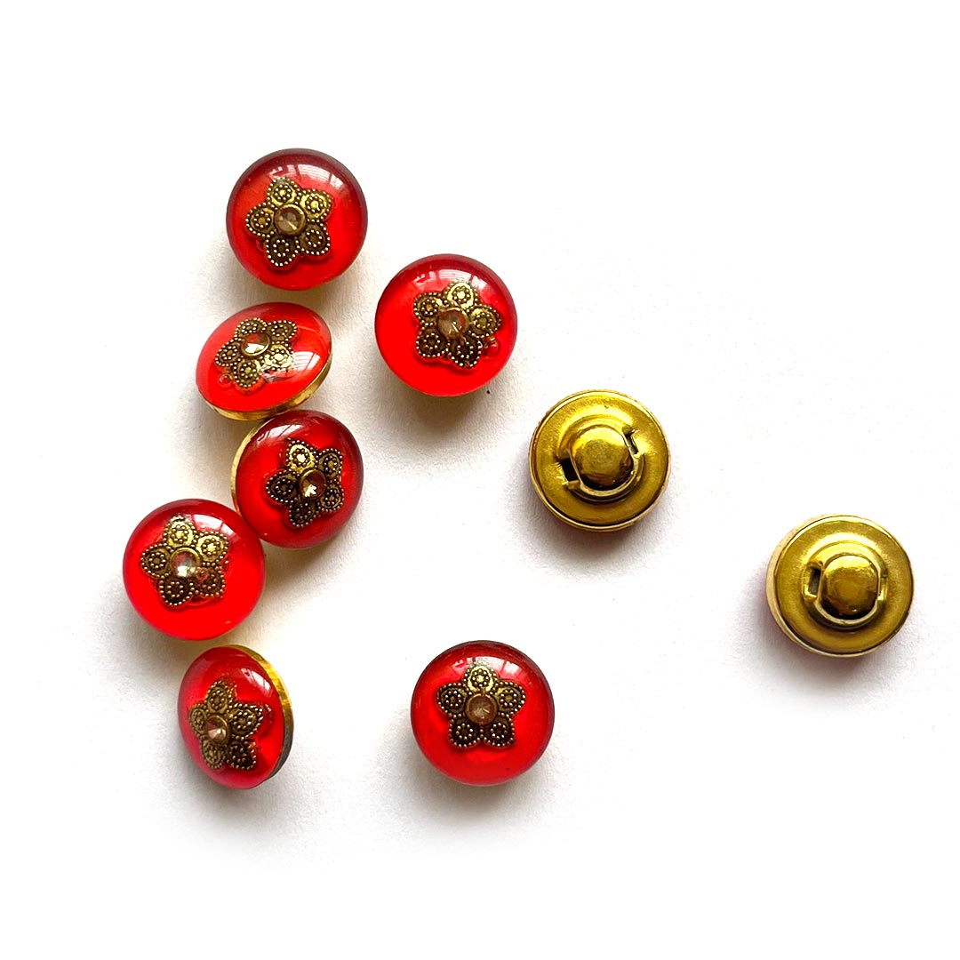 Red Color Round Shape Button With Golden Metal Flower & Jarkan Set Of 10  For Swing Projects & Designer Dress, Suit Sari & DIY