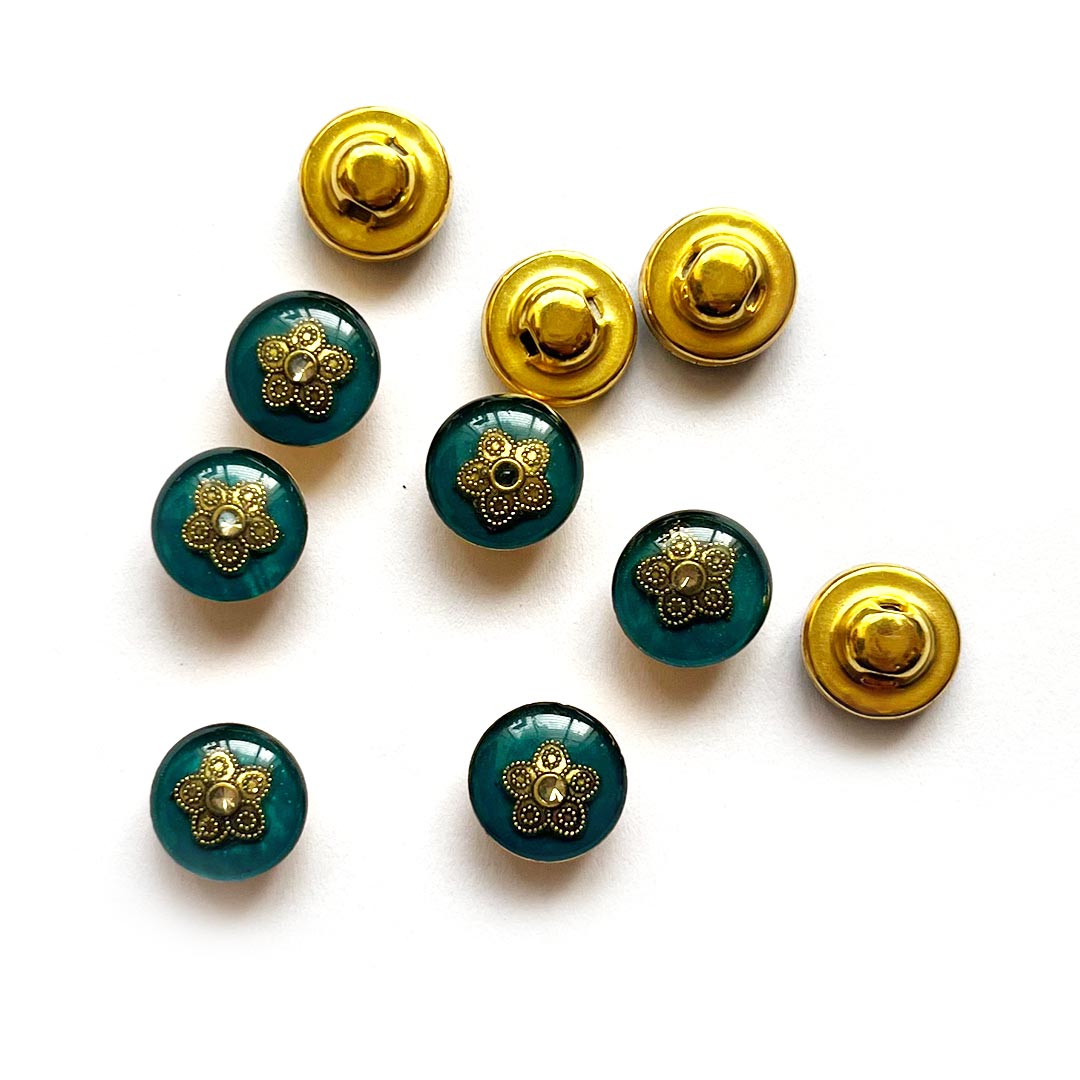 Rama Green Color Round Shape Button With Golden Metal Flower & Jarkan Set Of 10 For Swing Projects & Designer Dress, Suit Sari & DIY