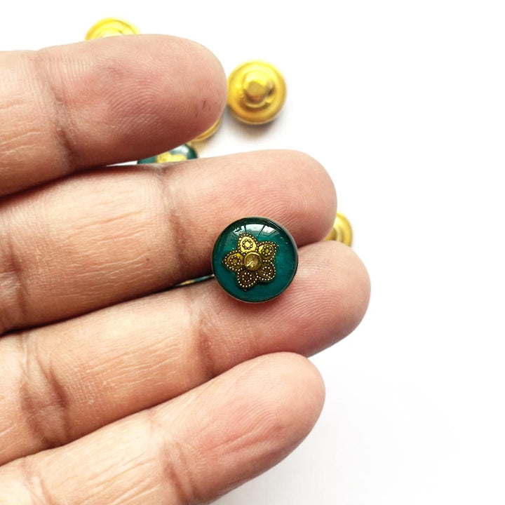 Rama Green Color Round Shape Button With Golden Metal Flower & Jarkan Set Of 10 For Swing Projects & Designer Dress, Suit Sari & DIY