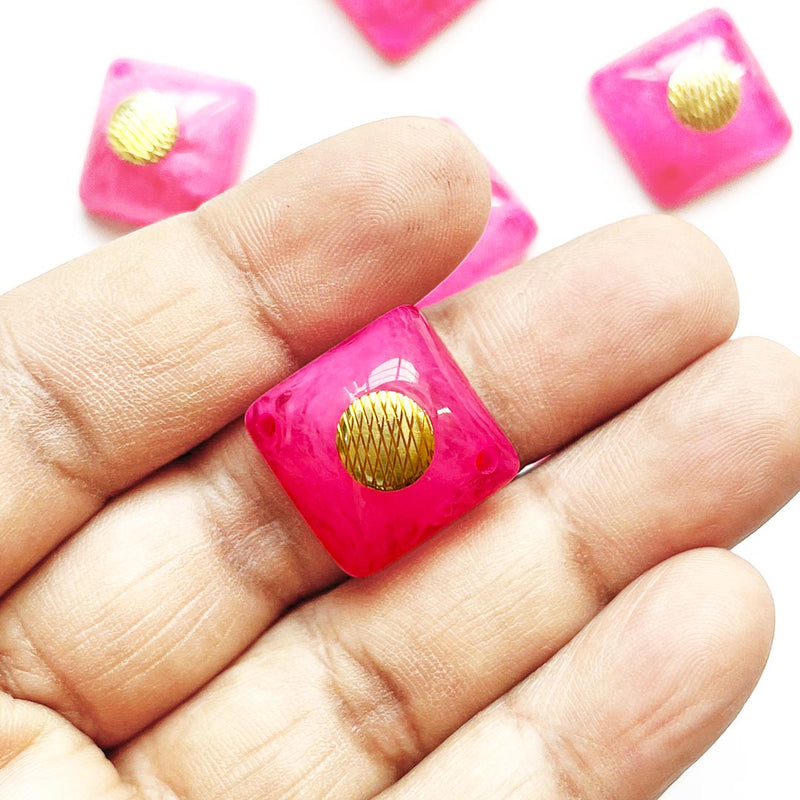 Rani Pink Color Square Shape With Golden Circle Acrylic Button Set Of 10 For Swing Projects & Designer Dress