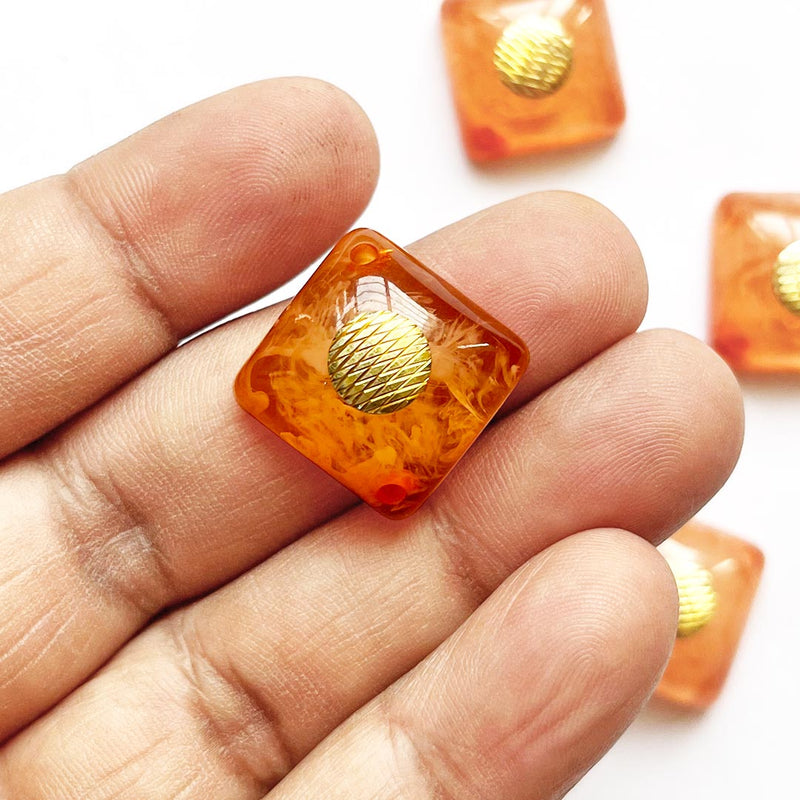 Orange Color Square Shape With Golden Circle Acrylic Button Set Of 10 For Swing Projects & Designer Dress