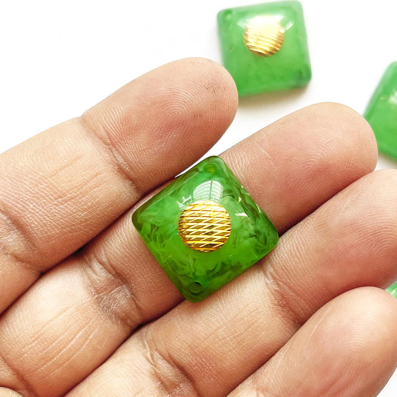 Green Color Square Shape With Golden Circle Acrylic Button Set Of 10 For Swing Projects & Designer Dress