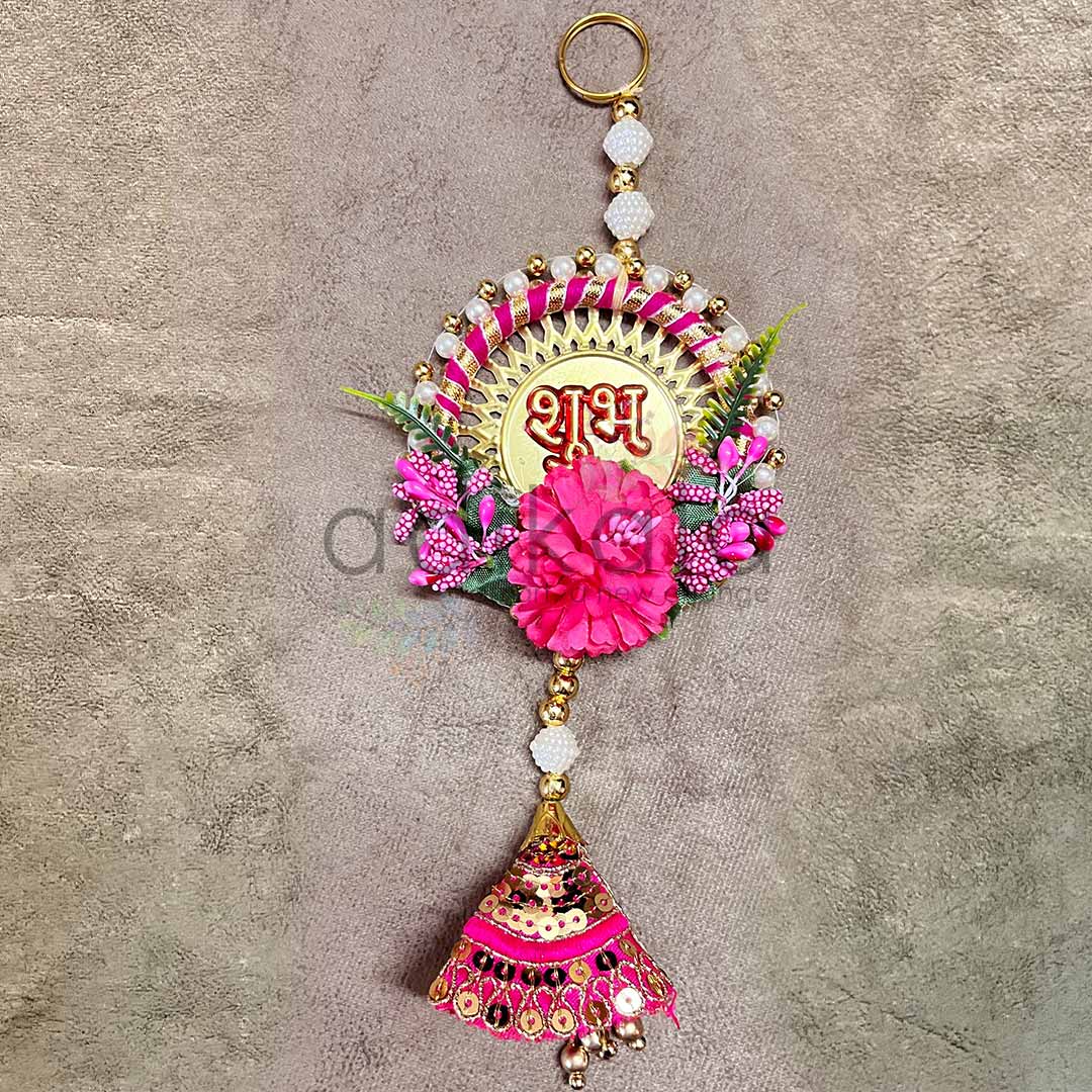 Rani Pink Color Floral With Zari Cone & Subh Labh Hanging Pair