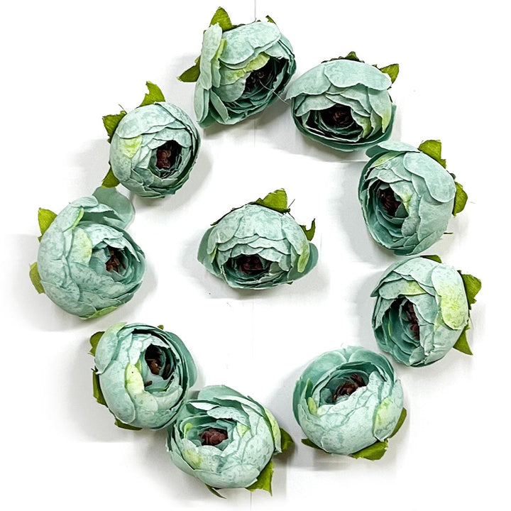 Light Teal Green Peony Buds Pack of 25 (1.5" Inches) Fake Fabric Head Rose Flowers for Home, Gift, Christmas,Valentine, Mandir Pooja Table, Cake Decor, Bouquet Making Decoration