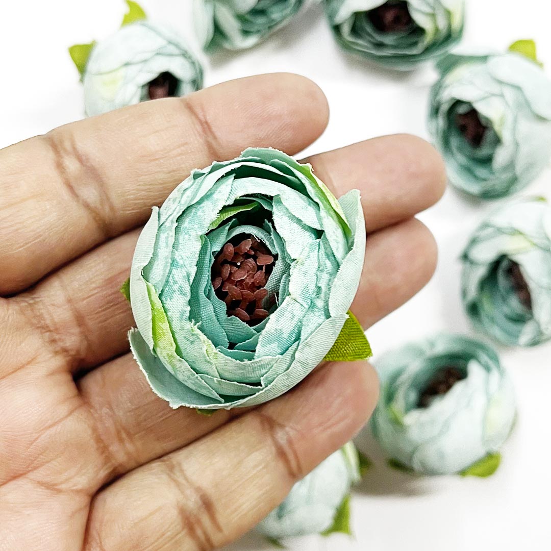 Light Teal Green Peony Buds Pack of 25 (1.5" Inches) Fake Fabric Head Rose Flowers for Home, Gift, Christmas,Valentine, Mandir Pooja Table, Cake Decor, Bouquet Making Decoration