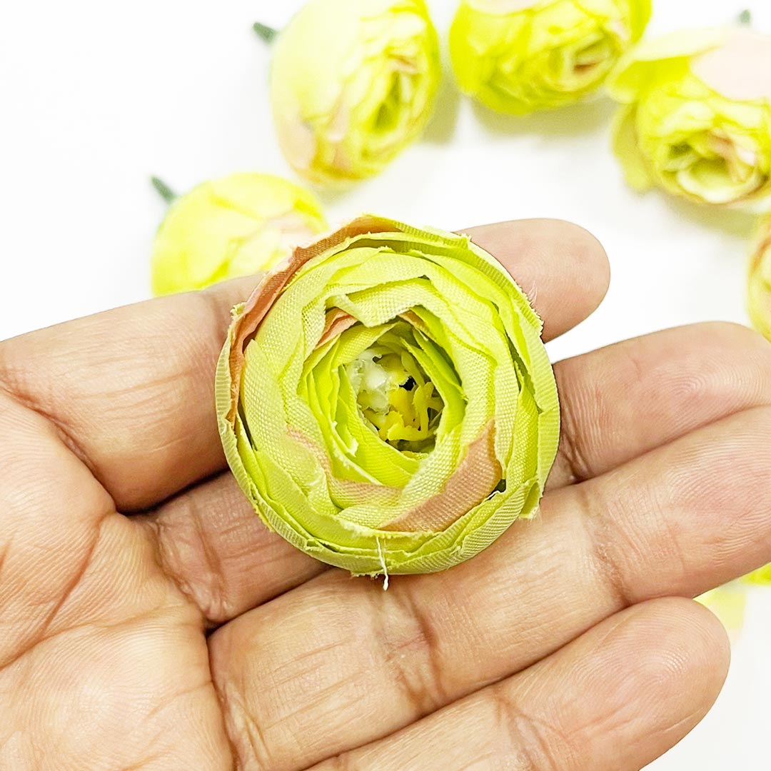 Lemon Green Peony Buds Pack of 25 (1.5" Inches) Fake Fabric Head Rose Flowers for Home, Gift, Christmas,Valentine, Mandir Pooja Table, Cake Decor, Bouquet Making Decoration