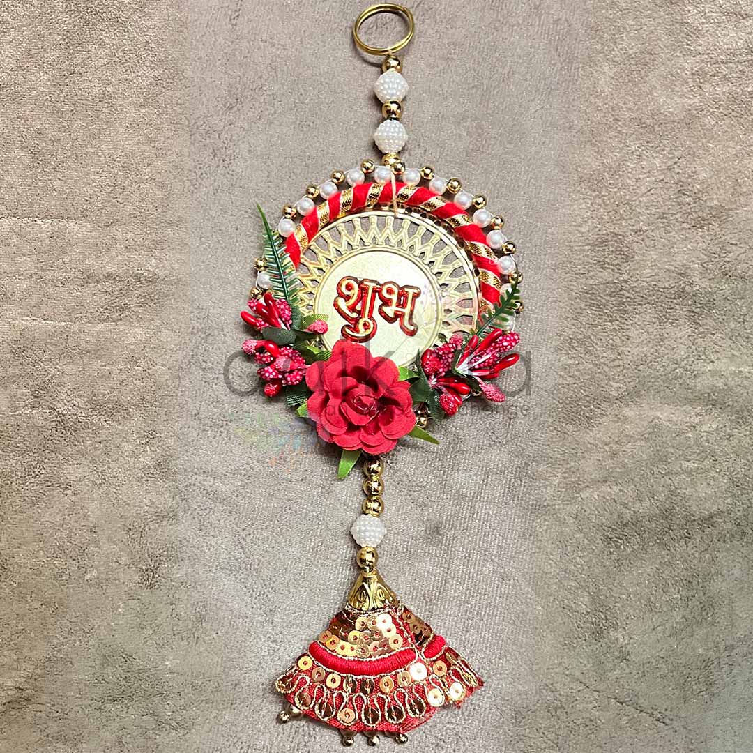 Red Color Floral With Zari Cone & Subh Labh Hanging Pair